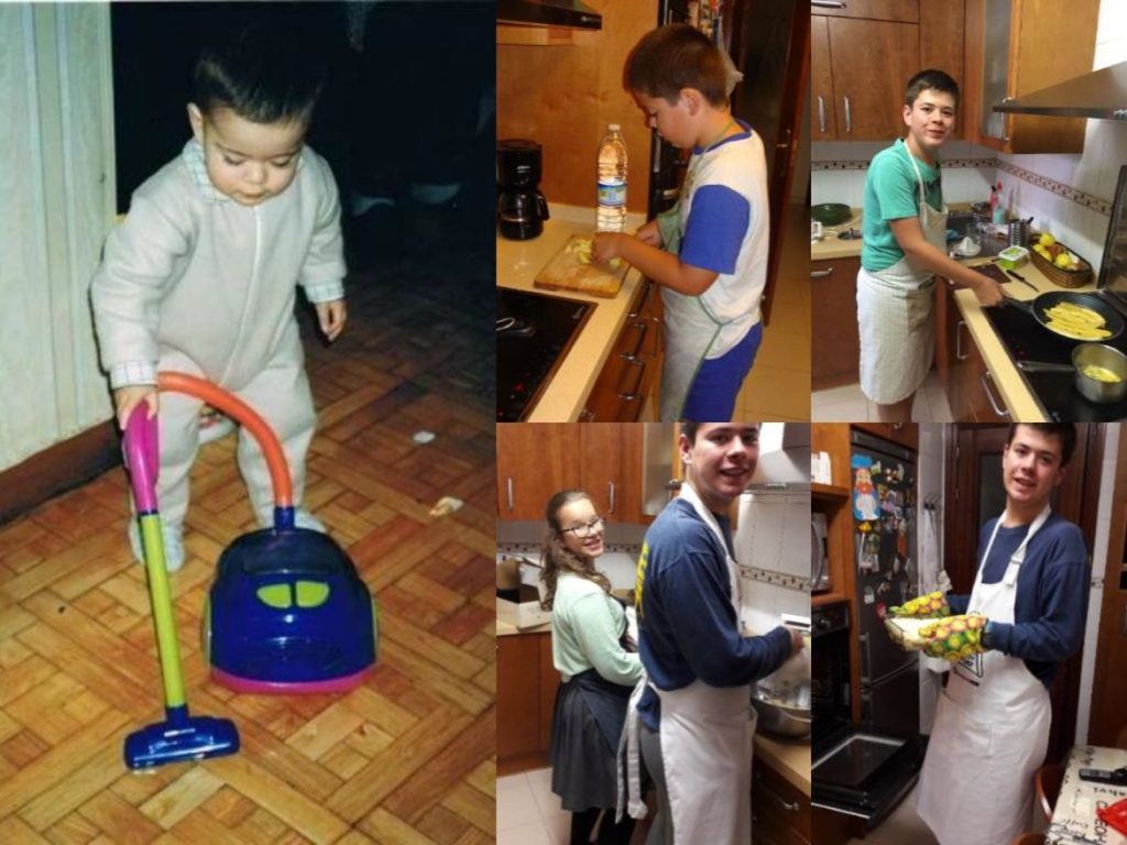 Pablo y Claudia haciendo tareas del hogar, Dia Internacional de la Mujer 2019, Familysol