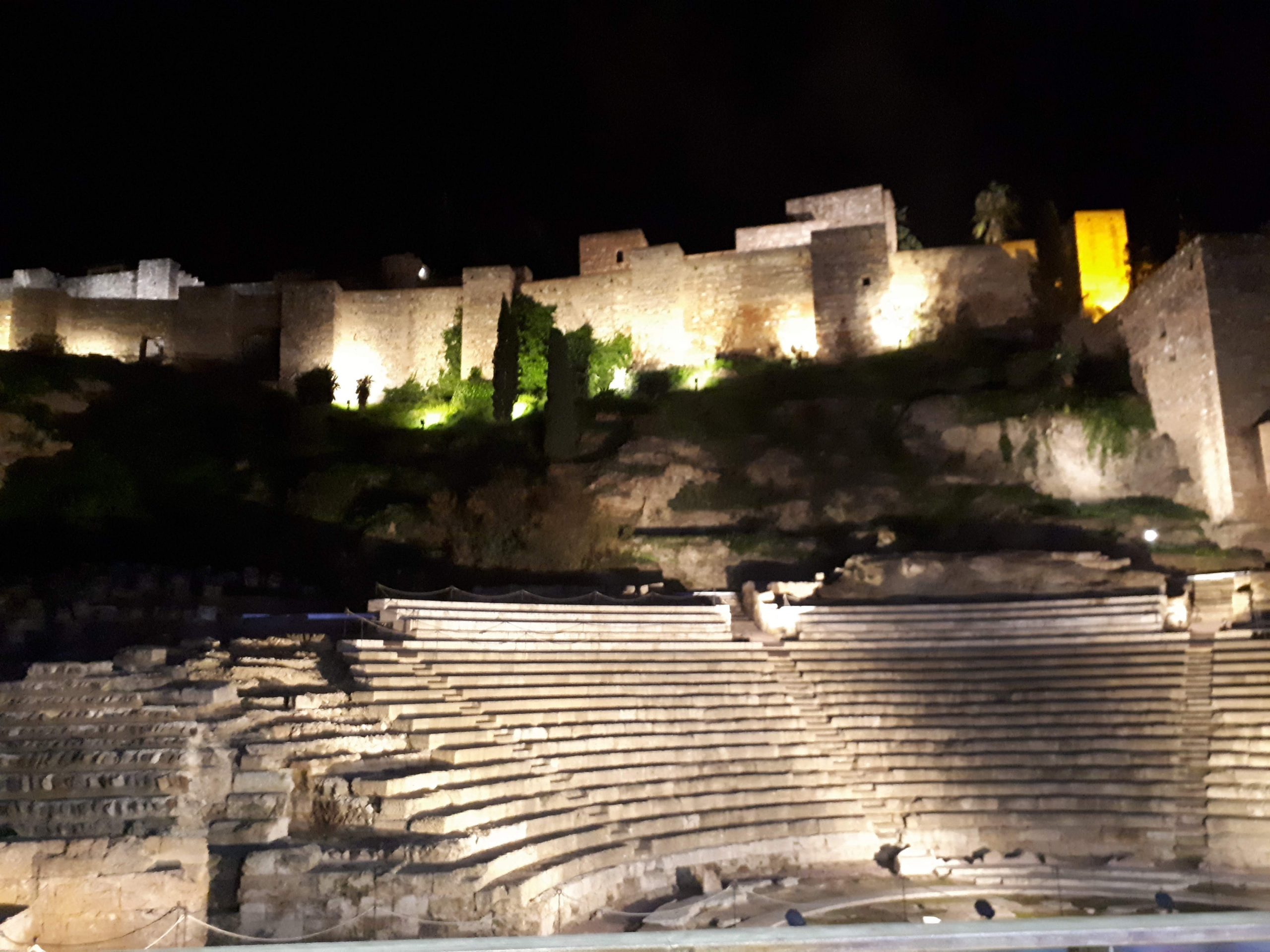 Night view of the Roman Theatre of Malaga