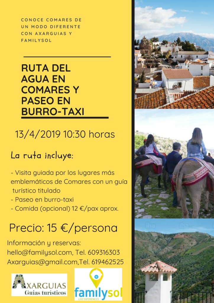 Cartel de ruta por Comares y paseo en burro en Málaga